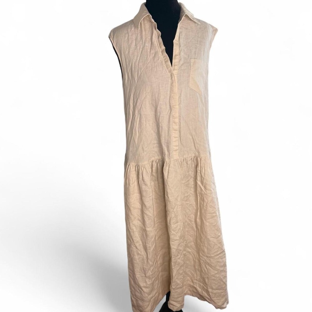 Max Mara Leisure Getta Tan Linen Sleeveless Drop Waist Pocket Dress US 10 EU 42